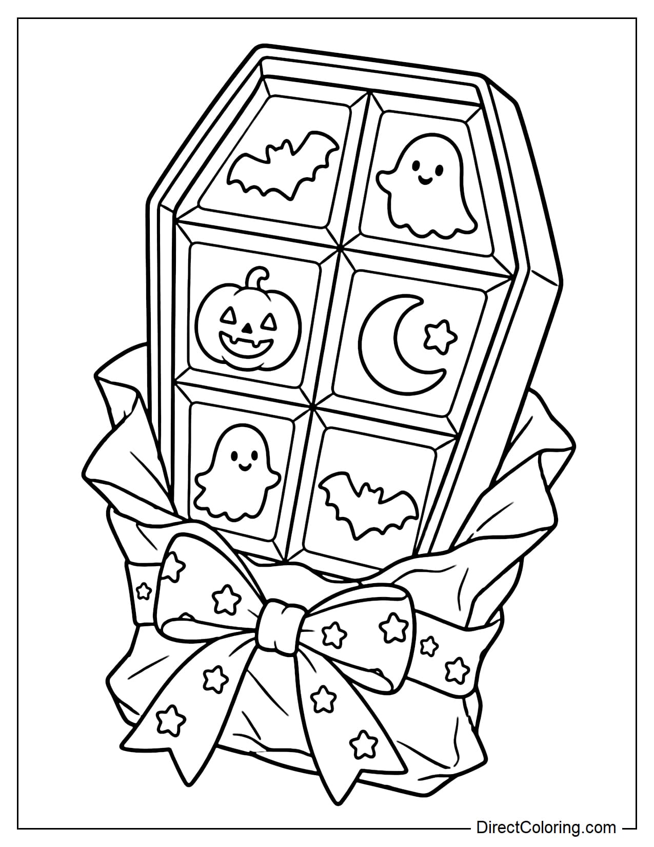 A large coffin-shaped chocolate bar with part of its wrapper peeled open at the bottom. The chocolate is divided into large sections decorated with bat, ghost, pumpkin, and crescent moon symbols.