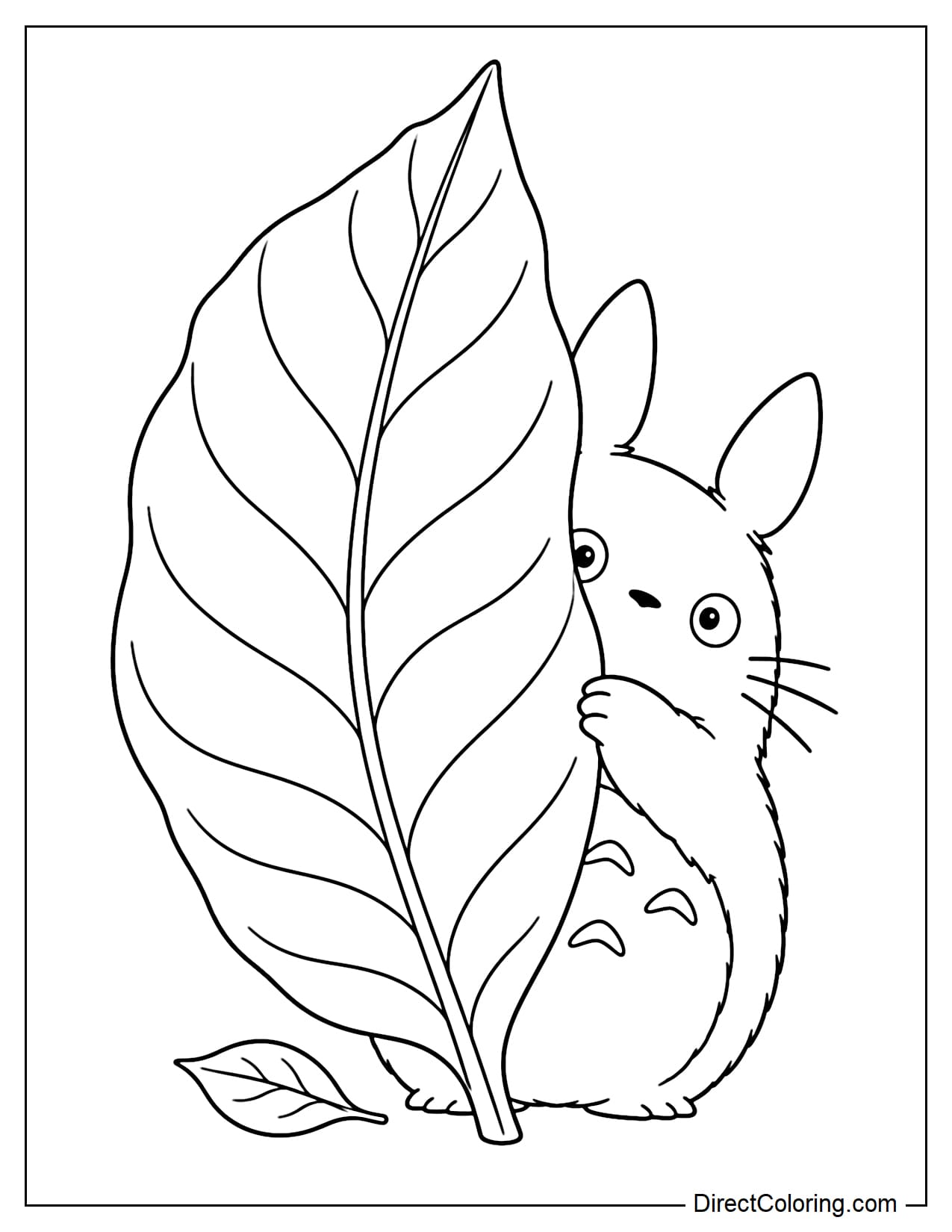 A small Totoro hides behind a giant upright leaf, with only its ears, face, and one hand holding the edge of the leaf visible.
