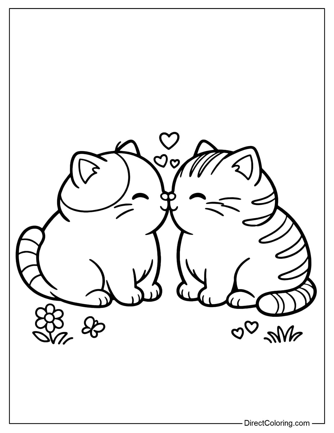 A coloring page of two chubby cats touching noses.
