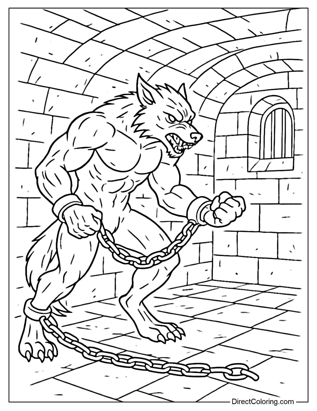 A werewolf coloring page chained in a dark dungeon, muscles tensing as he tries to break the shackles.