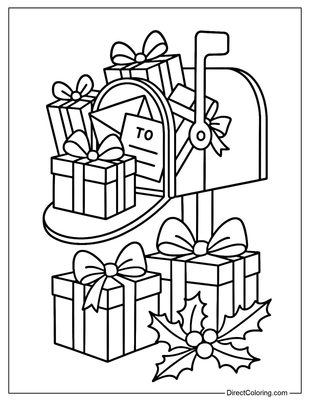 A Christmas mailbox coloring page filled with gifts and letters, with many large gift boxes underneath.