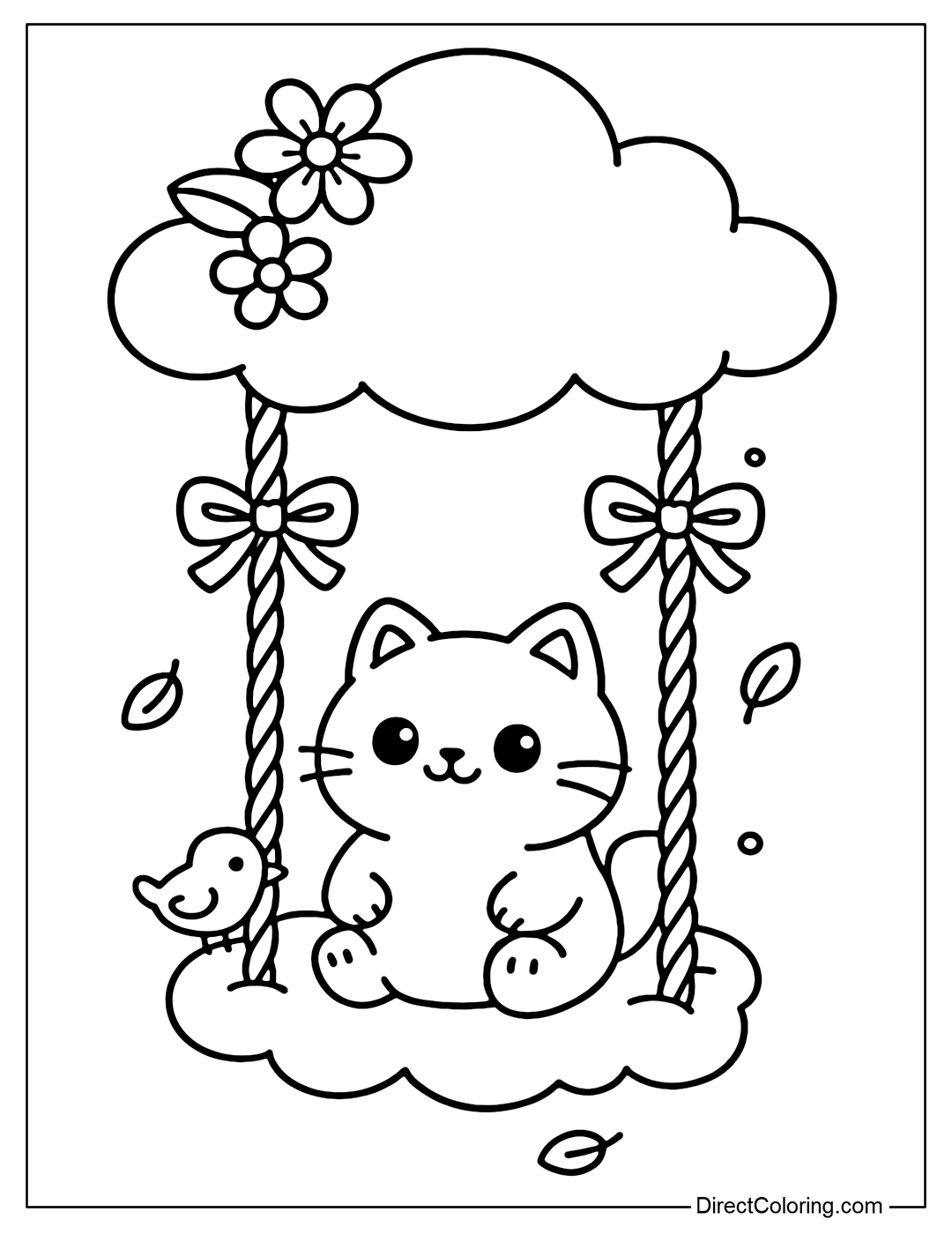 Swing coloring page under blooming clouds, cute cat sitting on clouds with cotton borders.