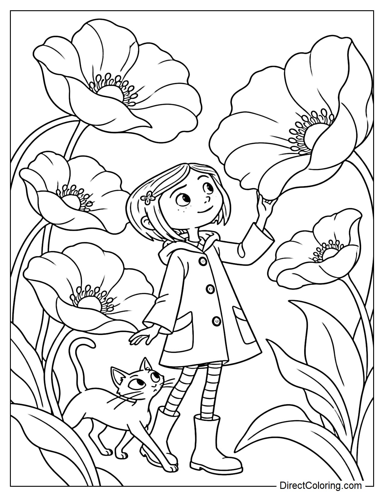 Coraline stands among large whimsical flowers that turn toward her, gently touching the nearest bloom while the cat weaves between the flower stems below.