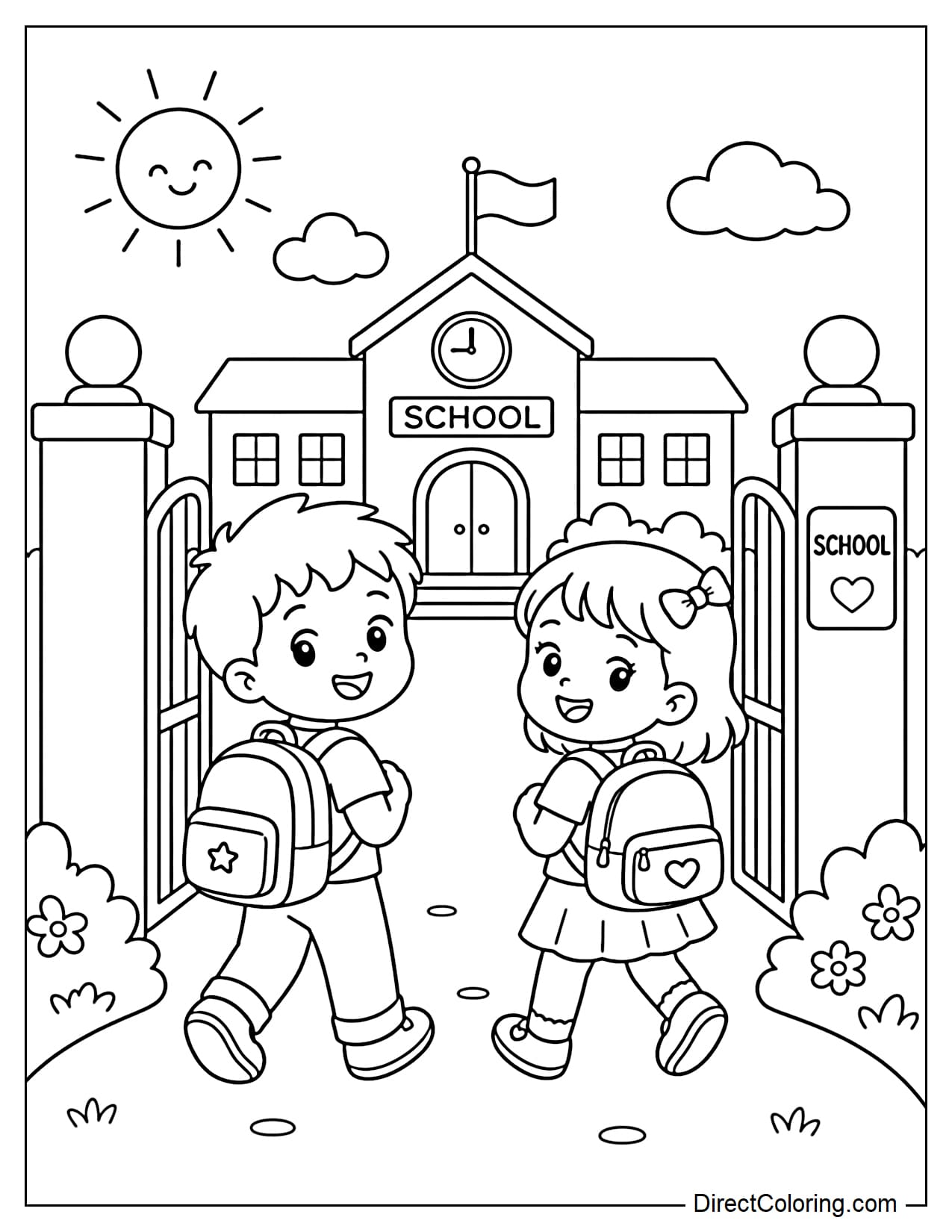 Two children with backpacks happily walk through the school gate in the morning, with the school building, a few small bushes, and the sky in the background.