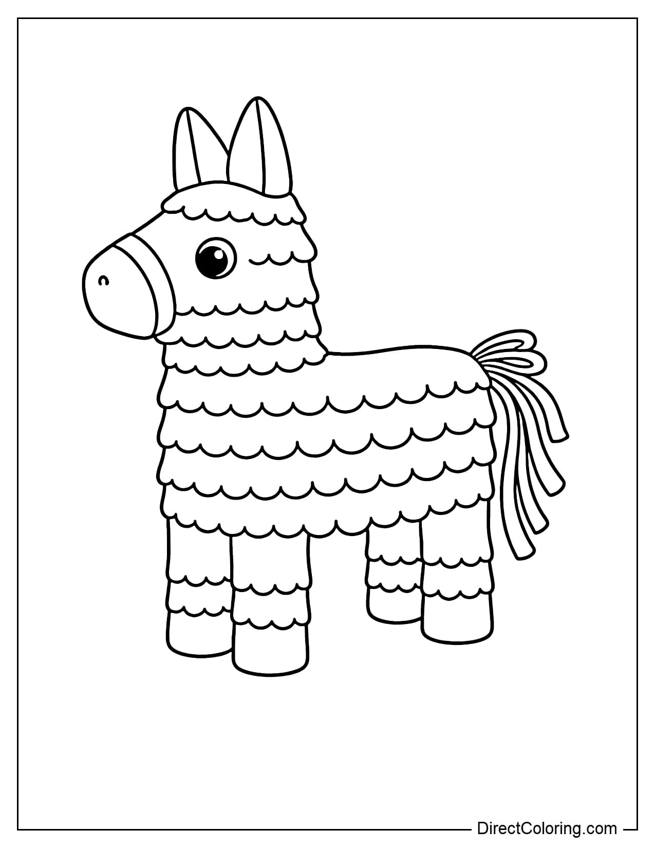 An extremely adorable donkey-shaped piñata covered in wavy, pleated paper, with big, round eyes.