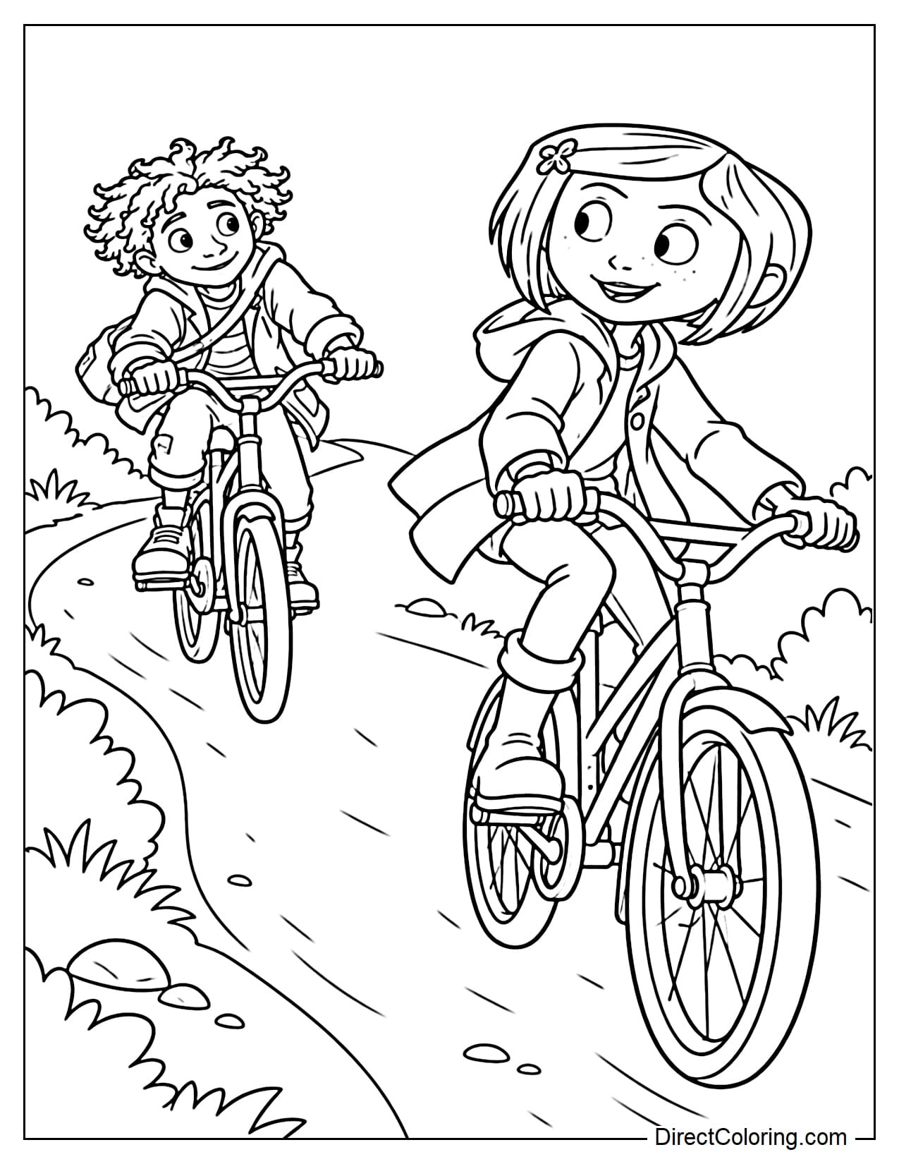Coraline and Wybie ride their bikes along a curved path, with Coraline riding ahead and turning back to look at Wybie behind her.