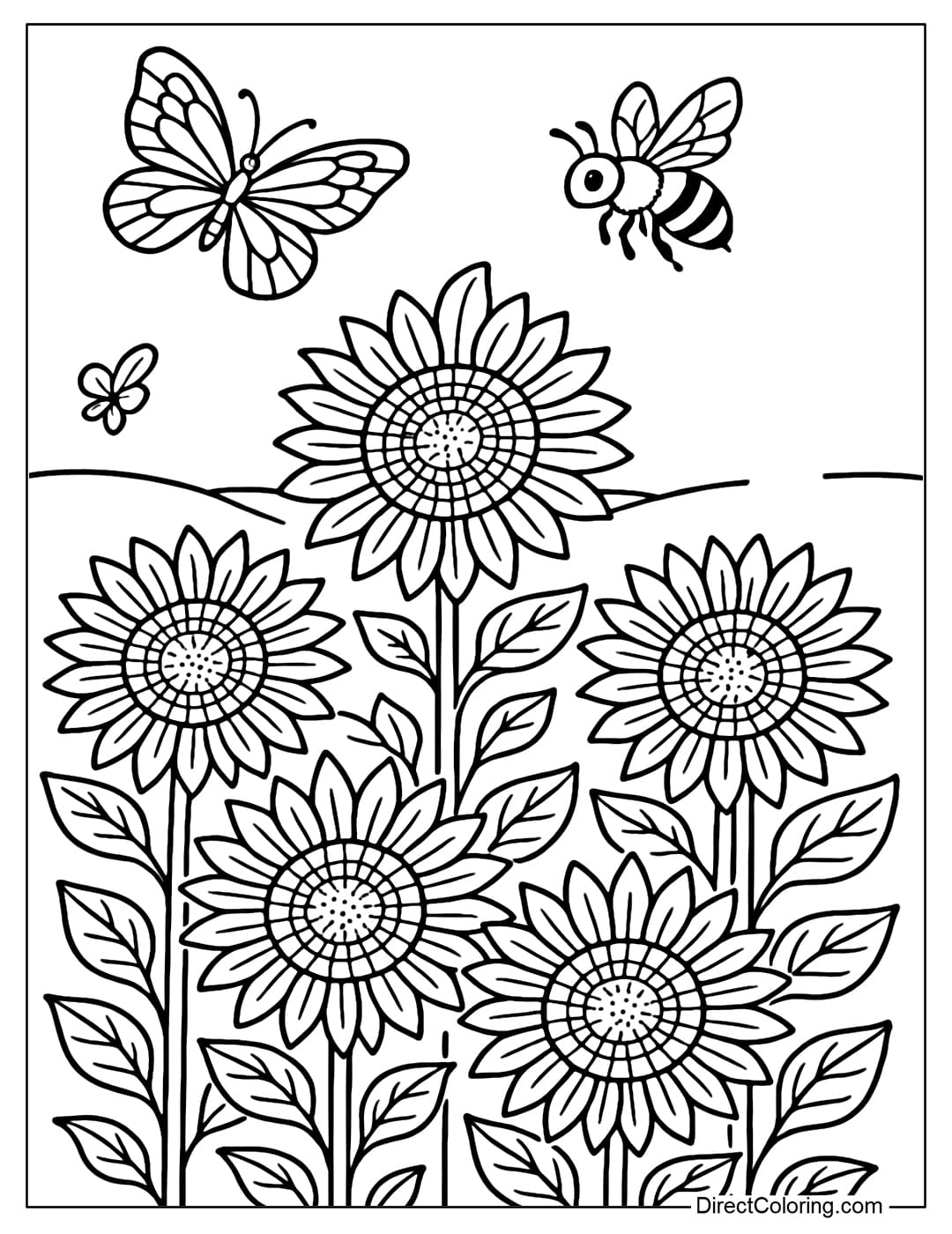Coloring page of a bright yellow sunflower field, bees and butterflies flying around, a bouquet of cut flowers in the distance.