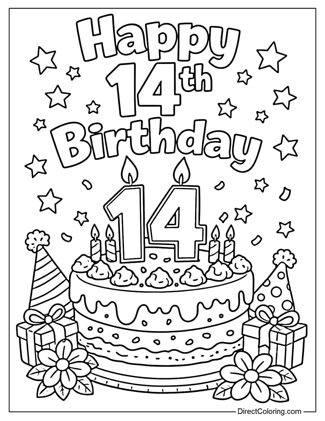 A coloring page featuring a birthday cake with a large number 14, decorated with a few stars and small gift boxes, party hats, flowers, and the words 