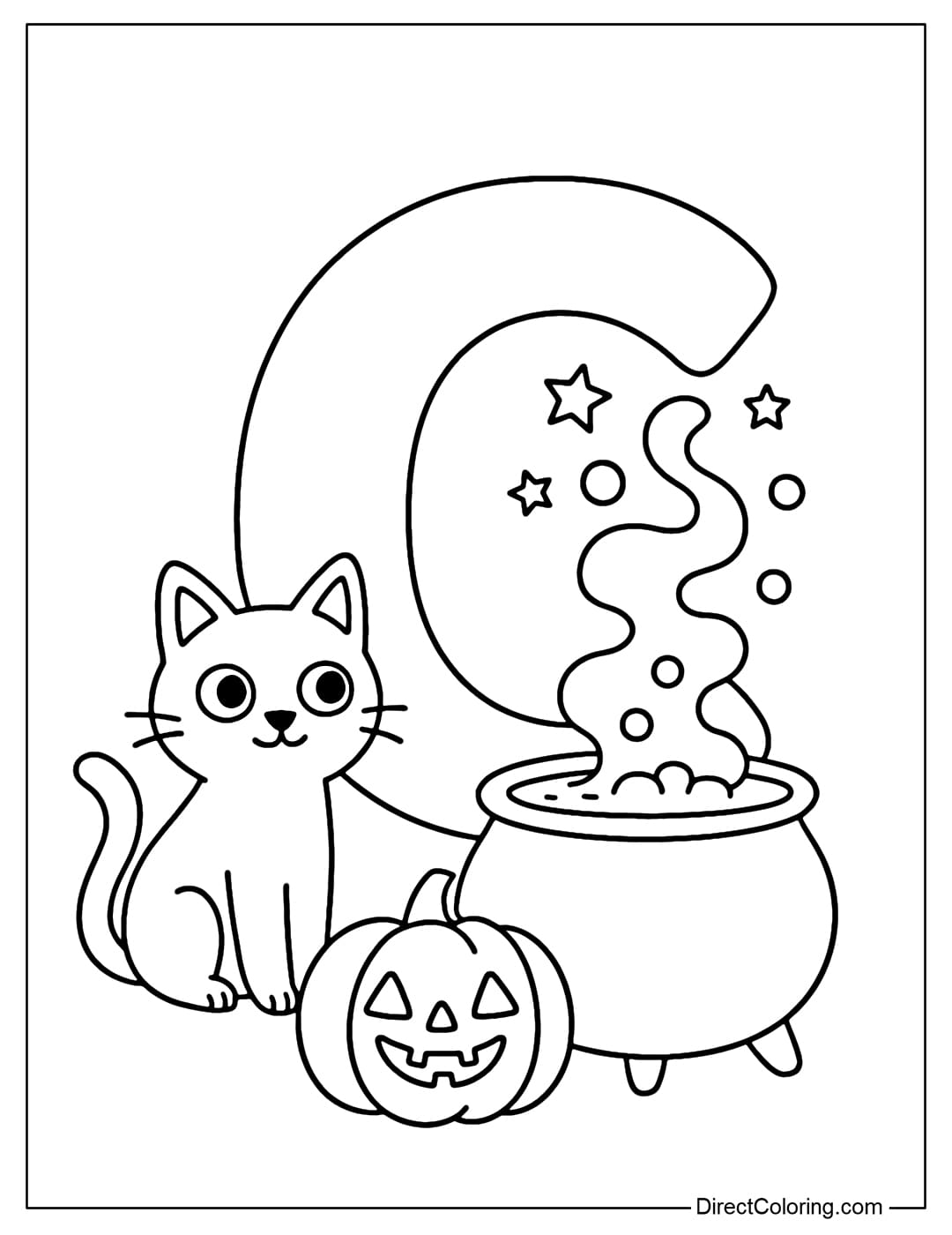Letter C coloring page with a black cat sitting next to a cauldron of green bubbling potion, smoke rising in the shape of stars and magical bubbles.