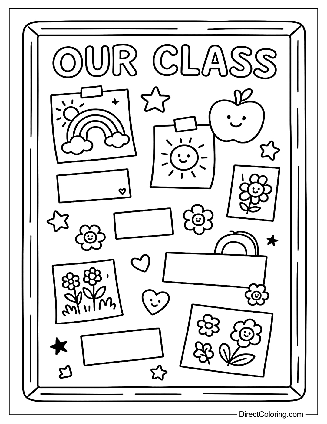 A coloring page for a bulletin board filled with drawings, stickers, and names of your classmates.