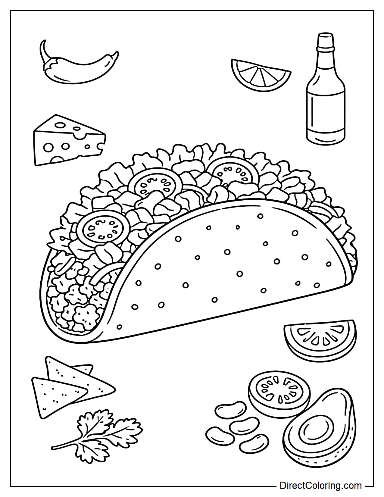 A taco filled with toppings, surrounded by cheese, avocado, chili peppers, lime, hot sauce, tomatoes, and cilantro.