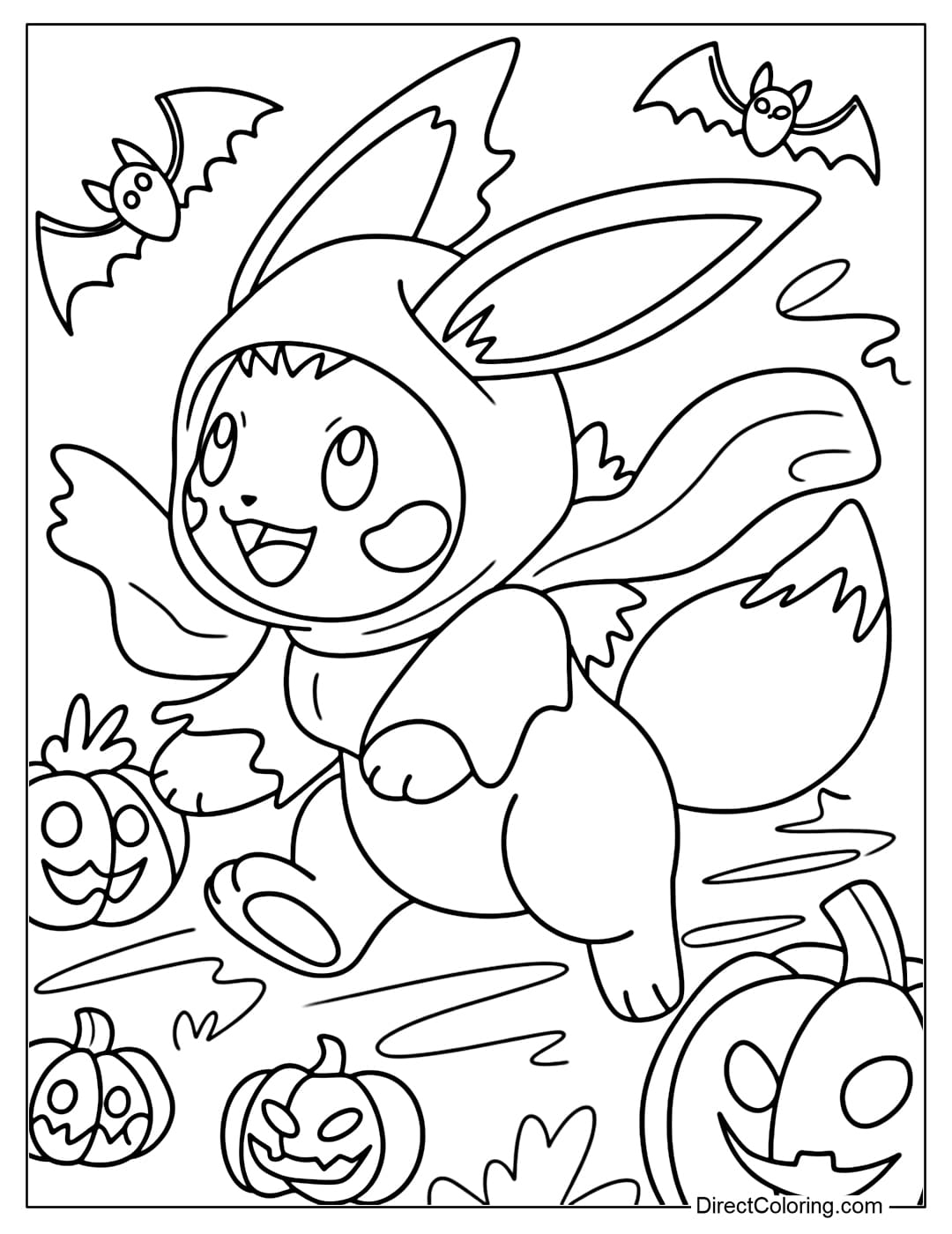 Coloring page of Eevee wearing a white ghost costume, running around on Halloween night.