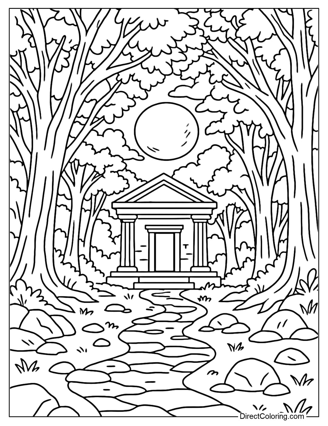 Coloring page of a small temple in the forest with an old tree, moonlight shining through the leaves.
