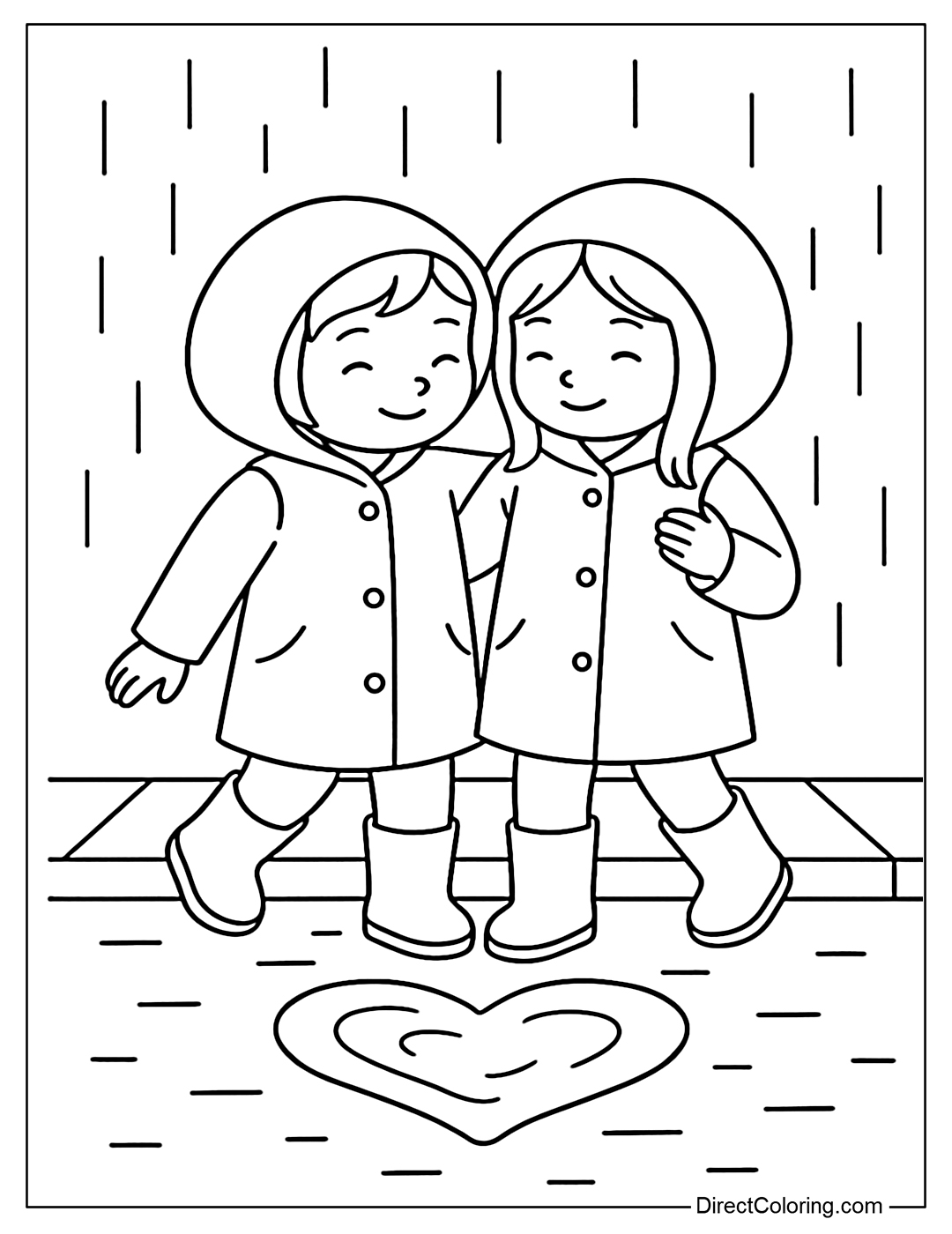 Coloring page of two friends wearing the same raincoat, walking on the sidewalk with a heart-shaped puddle.