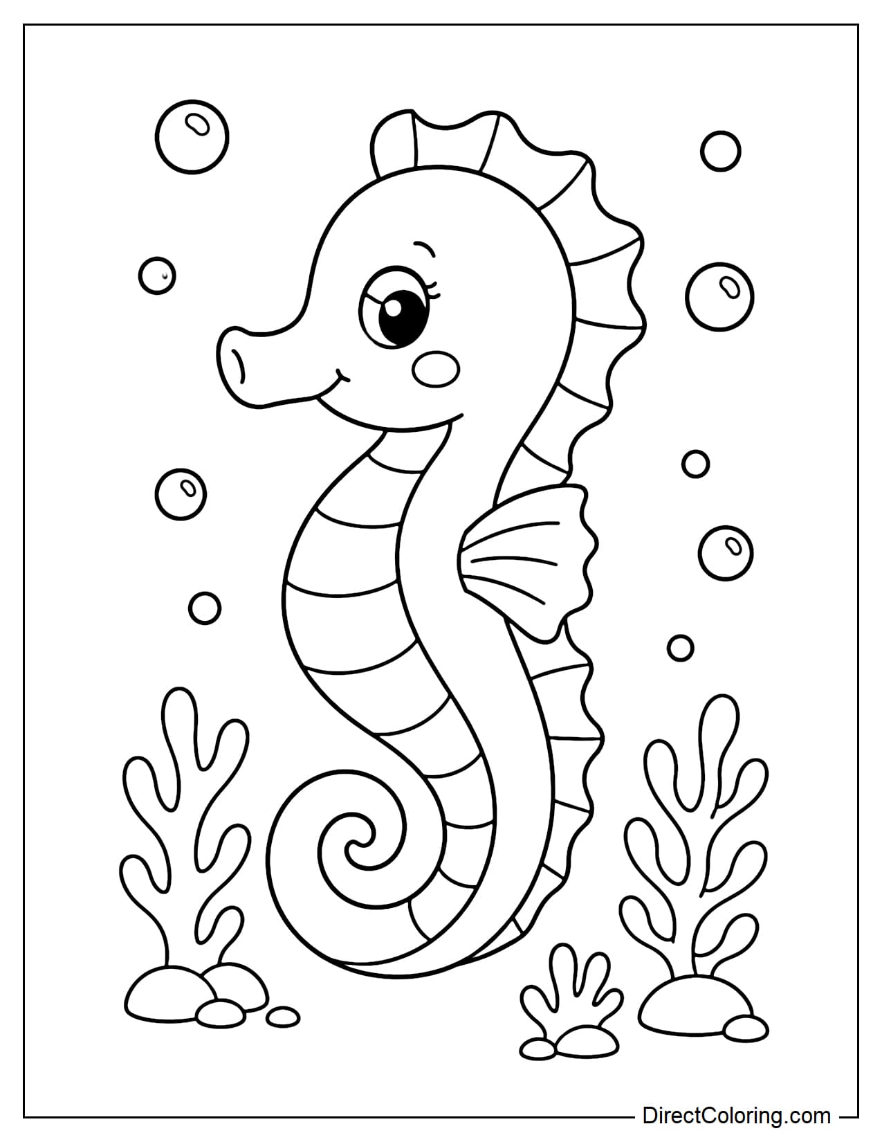 A seahorse smiling with its large curved tail, surrounded by small coral branches and bubbles.
