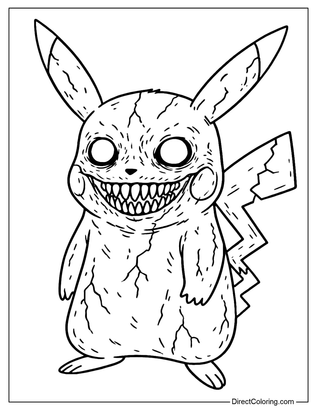 Creepy Pikachu Coloring Page Pikachu coloring page with horror style deformation: glowing eyes, creepy smile, broken lightning tail, but still keeping the familiar shape.