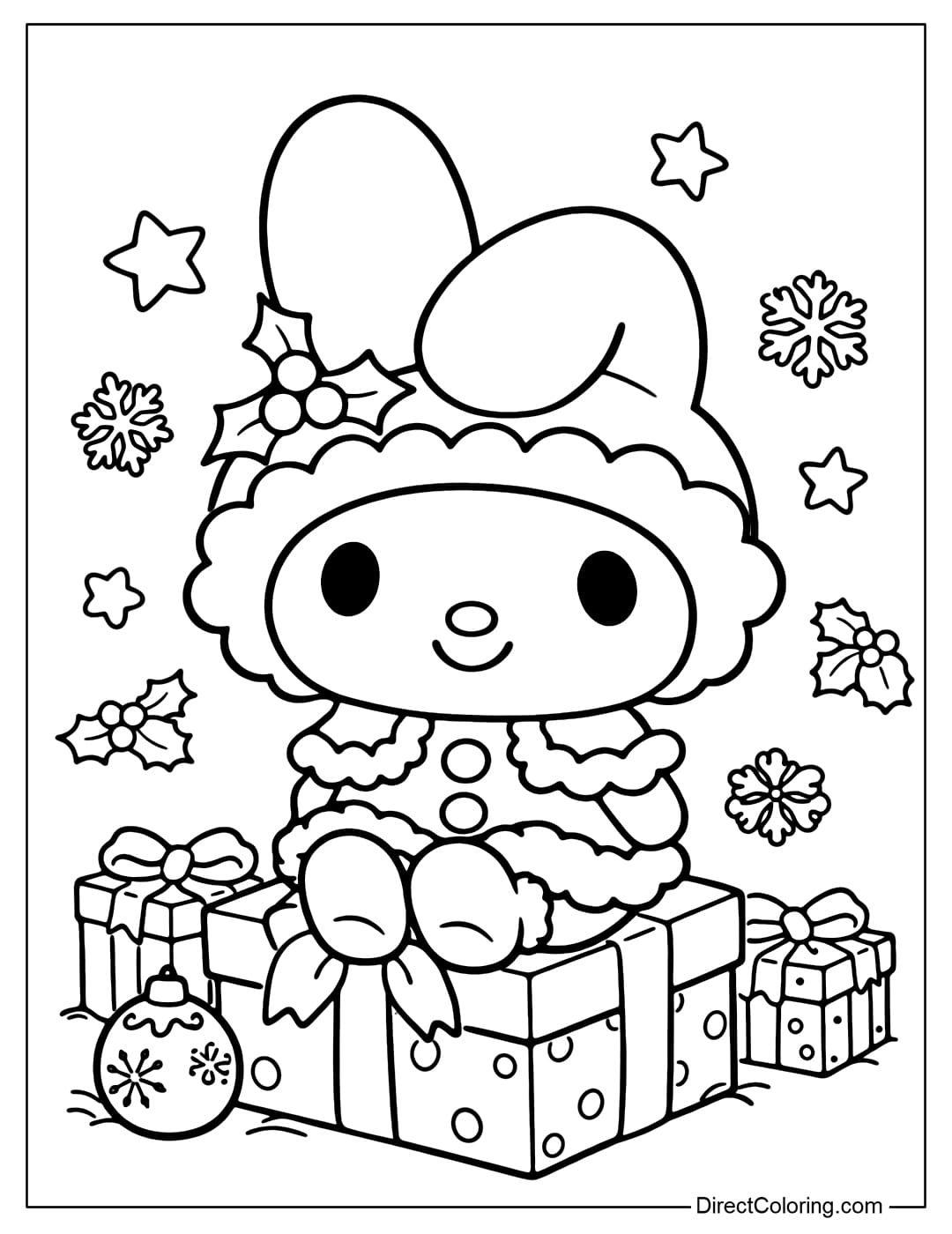 My Melody is sitting on a pretty Christmas gift box, wearing a warm winter outfit with a fluffy Santa hat.