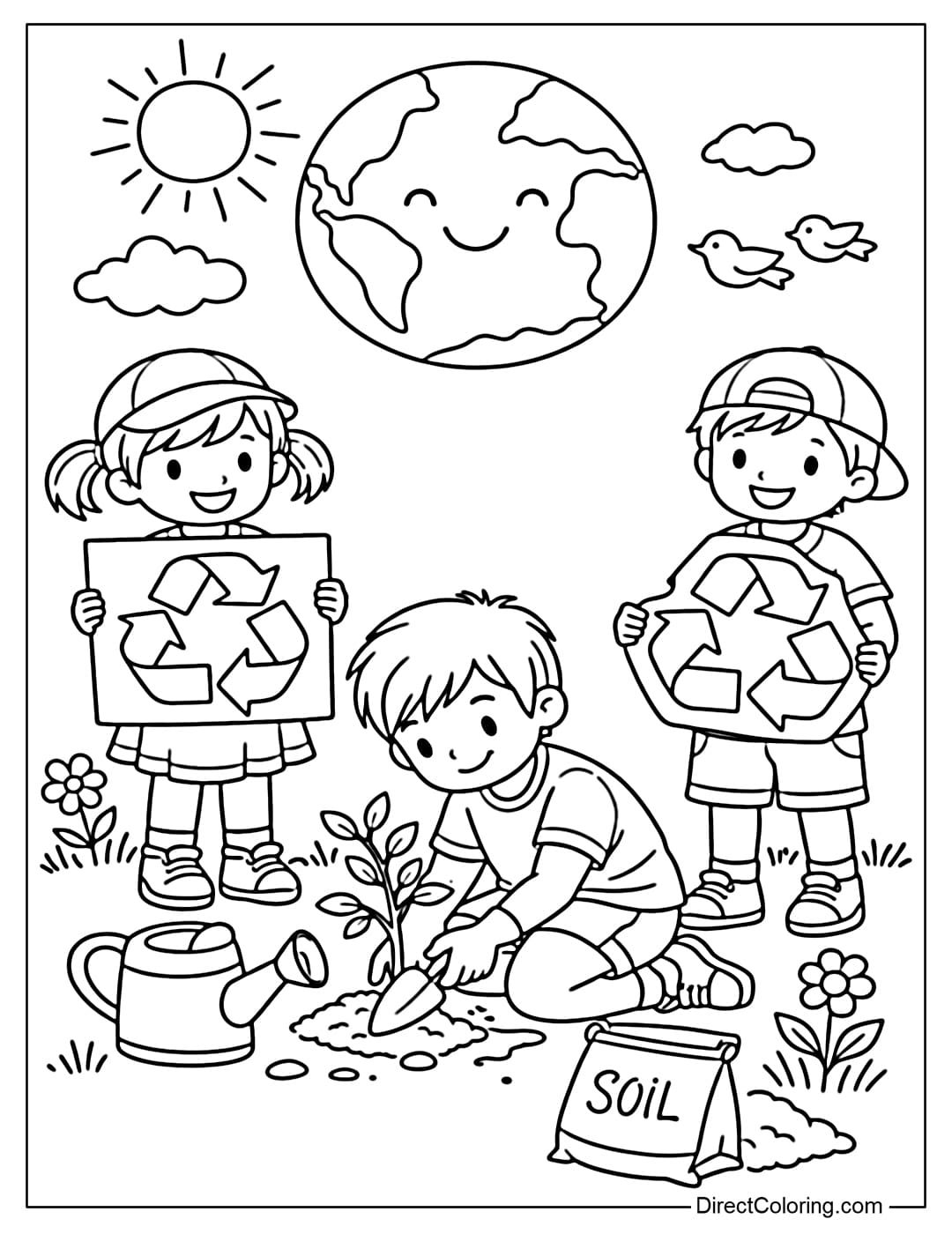 A coloring page showing children planting trees and holding recycling symbols on Earth Day.