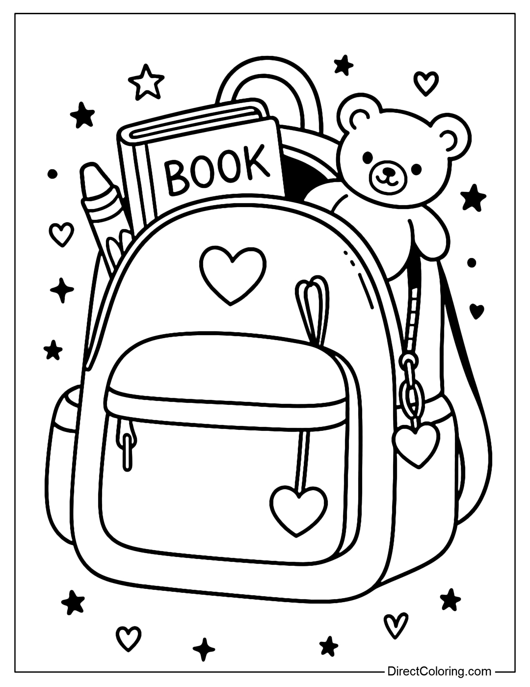 A coloring page of a brand new backpack with heart-shaped keychains, books and stuffed animals sticking out.