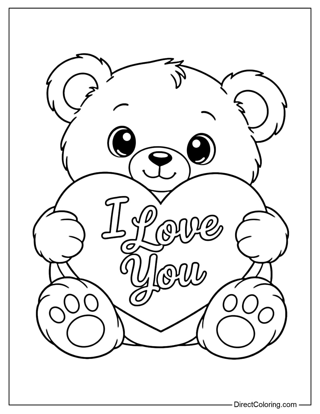 A coloring page featuring a round teddy bear holding a large heart with the words 