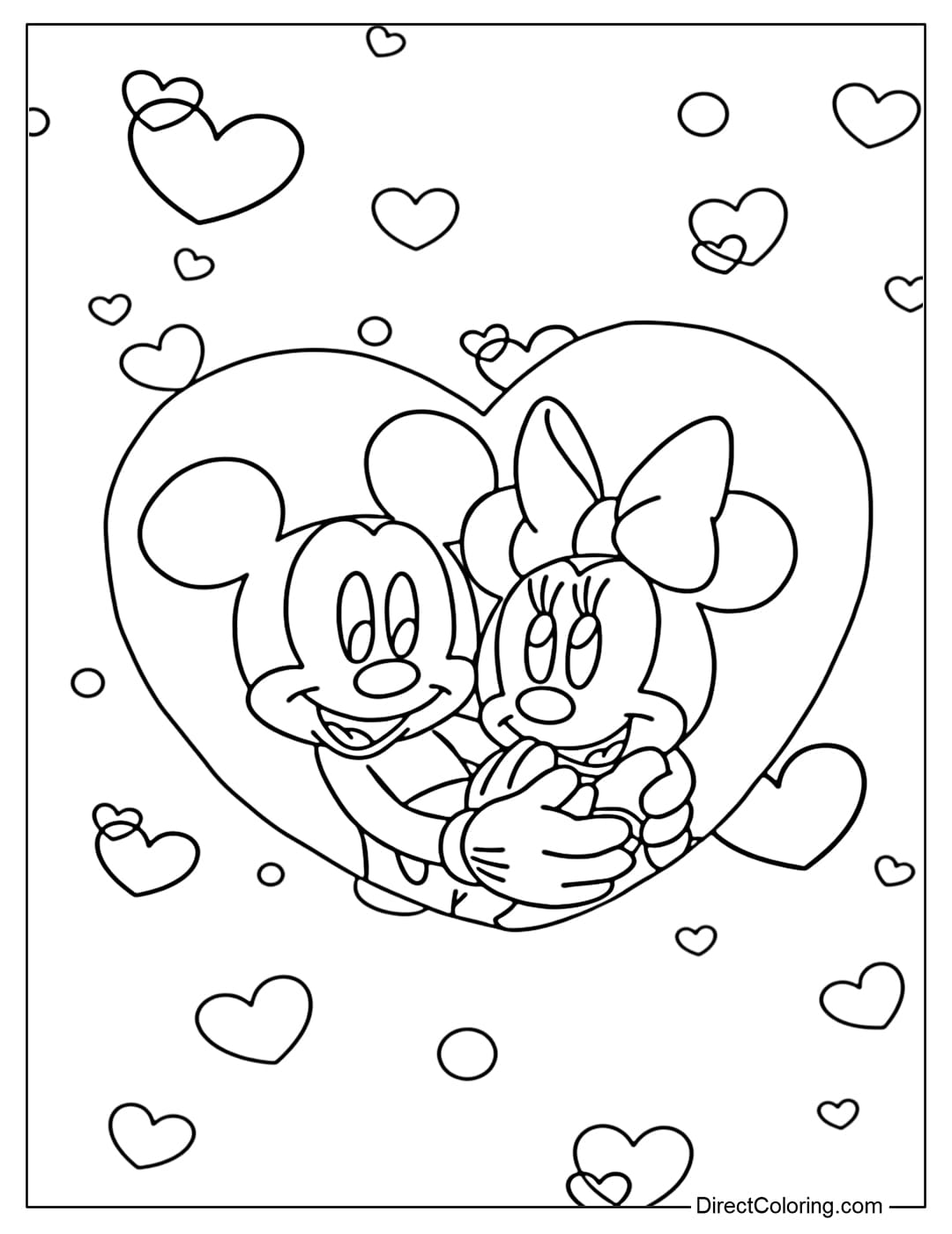 A coloring page featuring Mickey Mouse and Minnie Mouse hugging in a large heart frame, surrounded by many cute flying hearts.