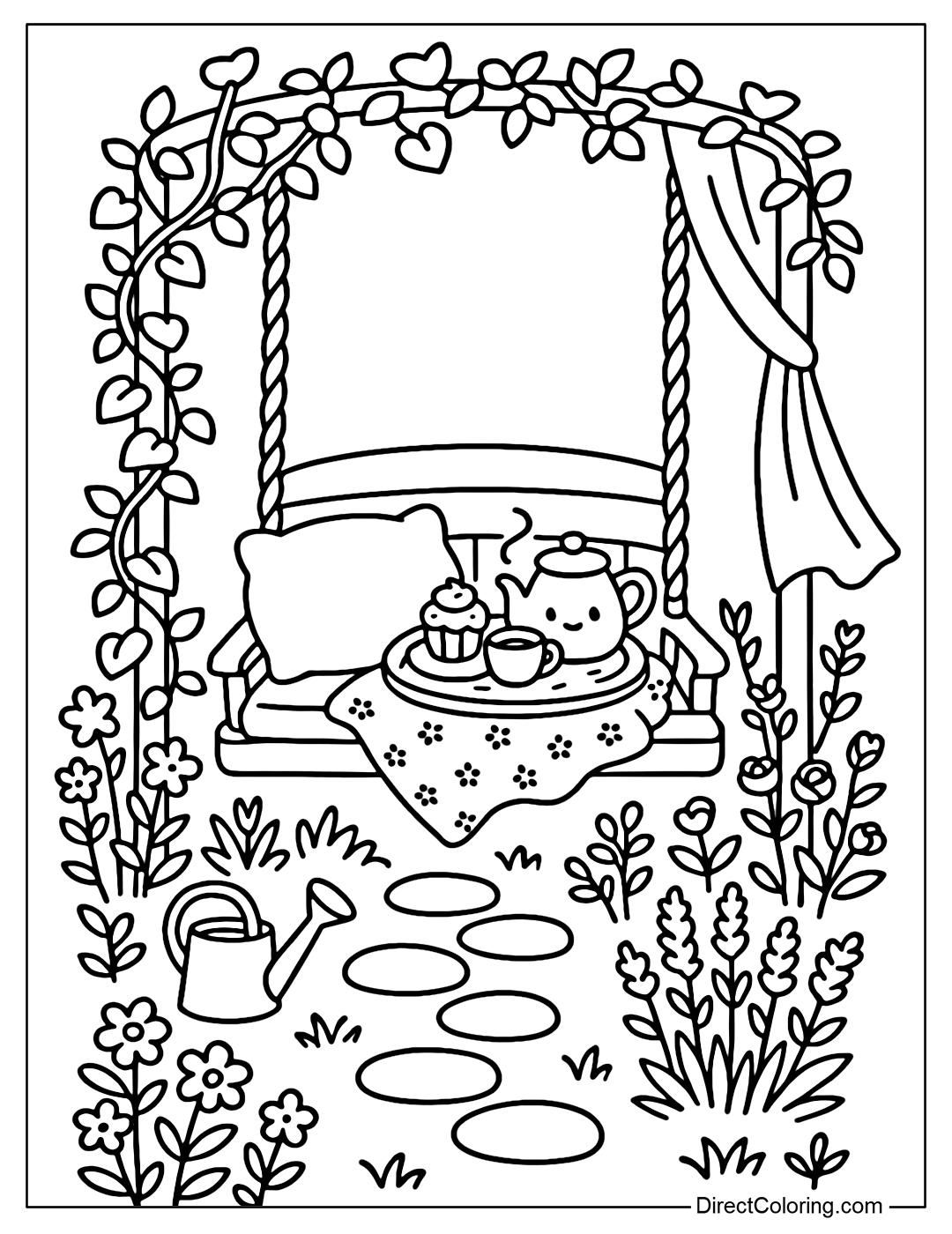 Coloring page of a wooden swing hanging under a trellis, with a tea tray, cupcakes, and a small floral tablecloth on the swing. Surrounded by a blooming flower garden, a watering can, and a paved path.