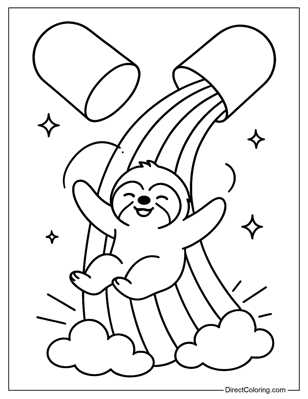 Coloring page of a capsule with a sloth sliding on a rainbow from an open capsule, with floating clouds and rays of light below
