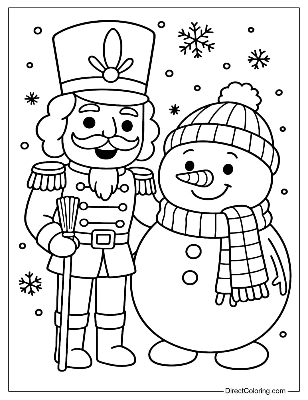 Coloring Page The nutcracker is standing next to the snowman. The nutcracker is holding a small broom, and the snowman is wearing a striped scarf.