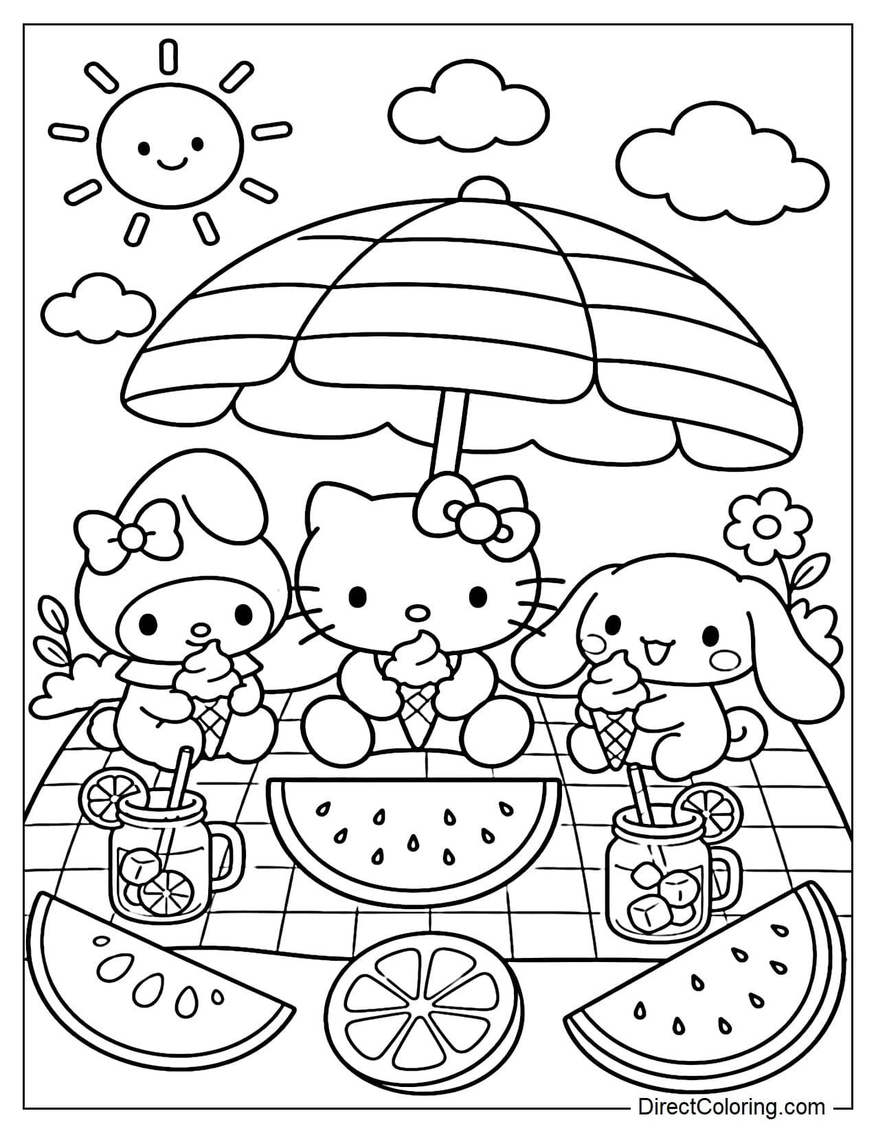 Hello Kitty, My Melody, and Cinnamoroll are having a summer picnic under a large striped umbrella, with ice cream cones, watermelon, and lemonade in front of them. Around them are a smiling sun, soft clouds, and some large slices of fruit.