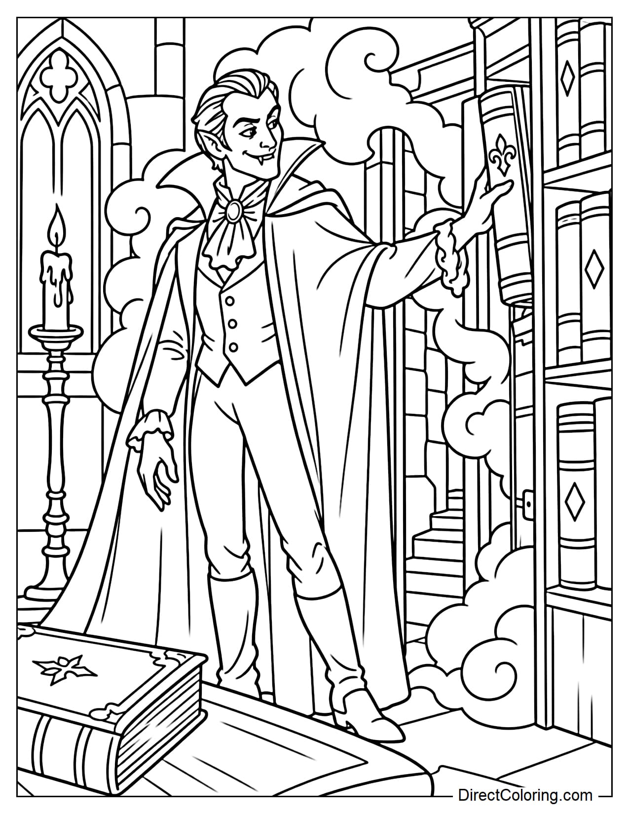 An adult vampire is standing in an old library and pulling a large book from the shelf, causing a secret door behind the bookcase to slowly open.