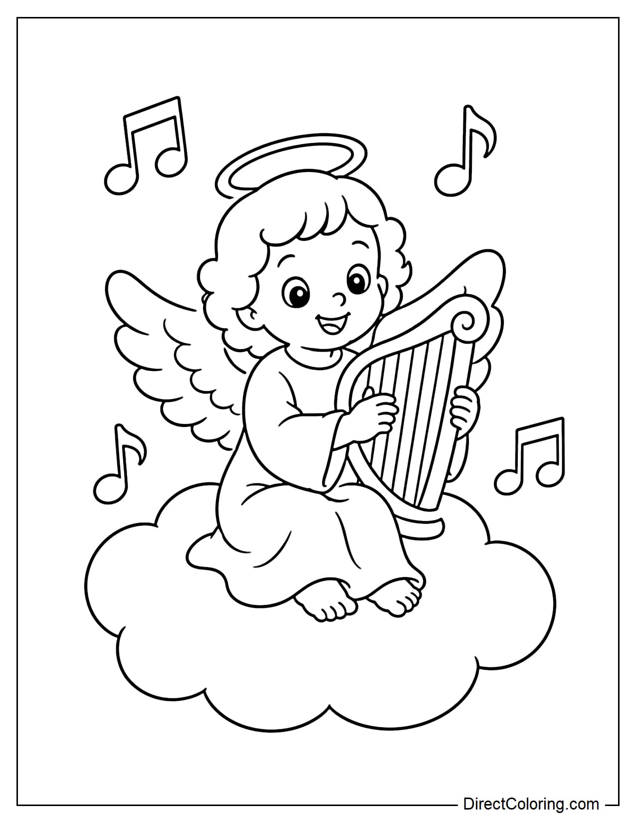 A little angel sits on a large cloud playing a harp, surrounded by musical notes.