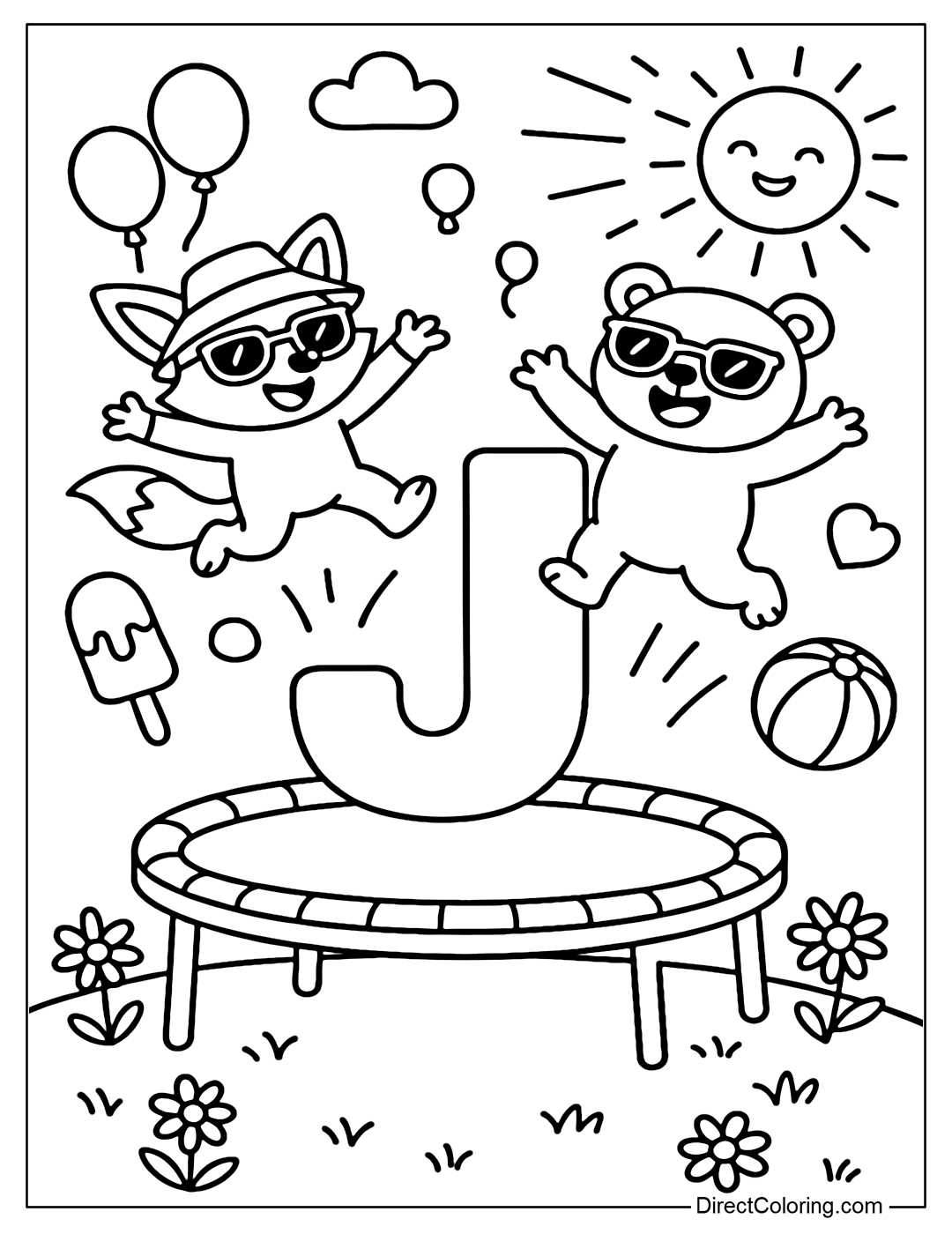 The large letter J coloring page is set in a bustling summer scene with a fun jumping game with the fox and the bear.