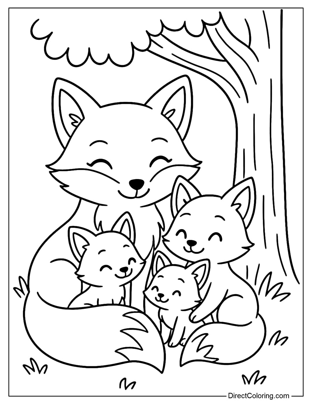 Coloring page of a mother fox and two baby foxes sitting together under a tree, their fluffy tails hugging each other.