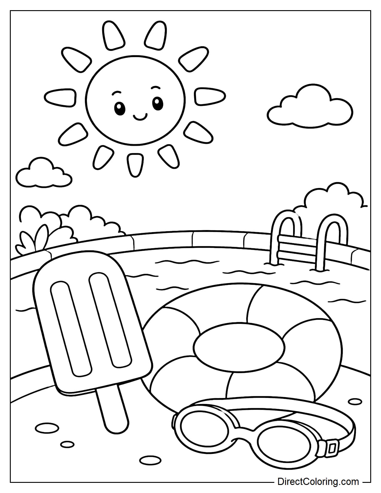 A popsicle next to a round swimming float and simple goggles by a summer pool, with a few large sunbeams above.