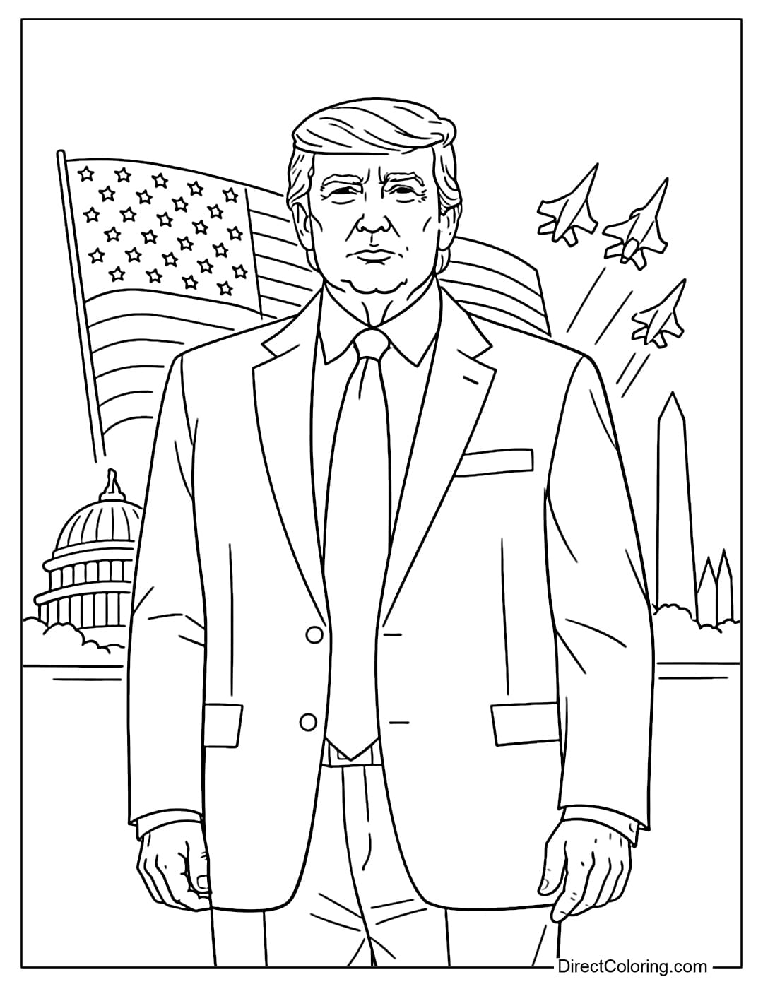 A coloring page of President Donald Trump in a simple poster style, standing formally.