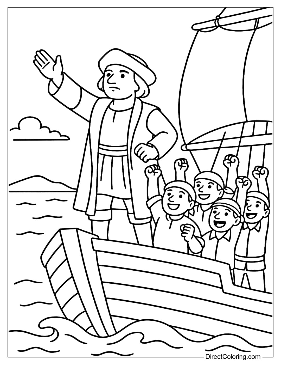 Coloring page of Columbus standing at the bow of the ship, raising his hand to look at the mainland in the distance, with the sailors cheering around.