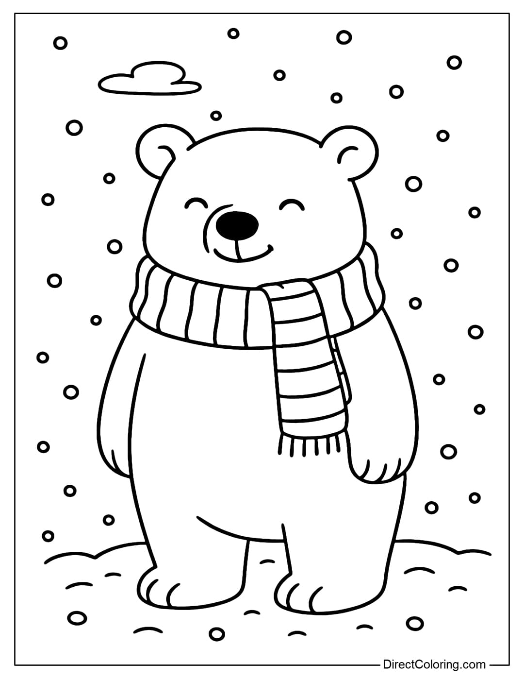 Cute polar bear coloring page wearing a striped scarf and smiling in the snow.