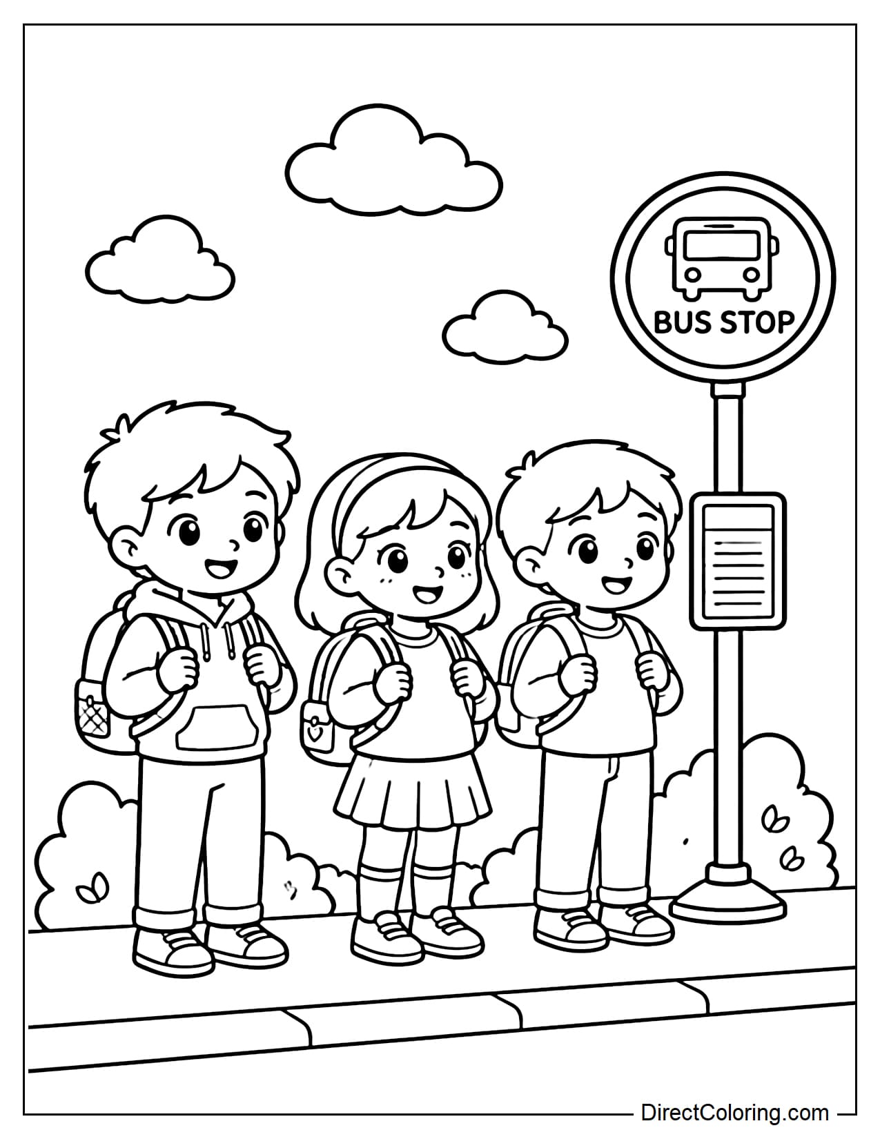 A group of students are waiting for the bus, each holding a backpack, surrounded by simple clouds.