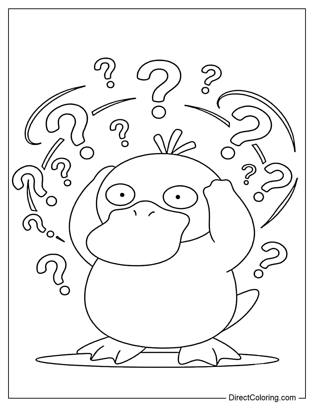 Psyduck stands holding its head with both hands, its face adorably confused, its legs slightly apart, surrounded by several question marks and large curves.