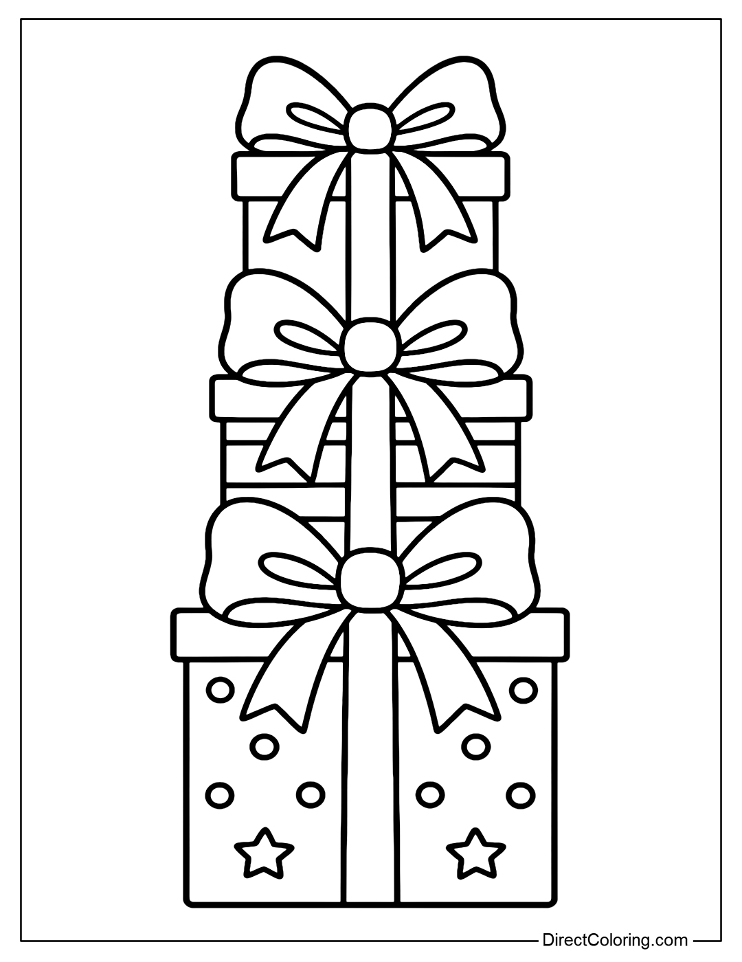 This Christmas gift tower coloring page consists of three gift boxes stacked on top of each other, each with a large bow and simple design.