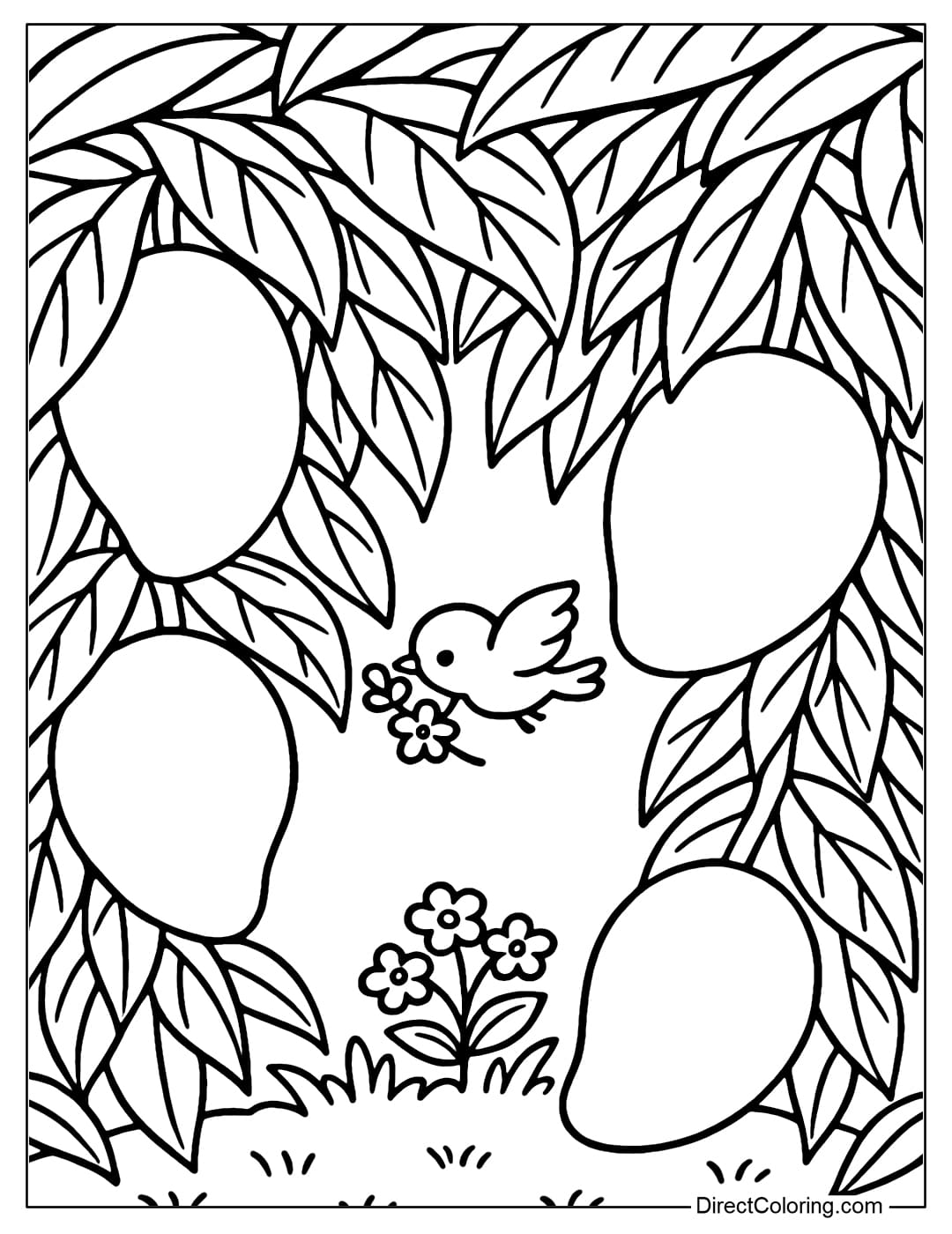A giant mango garden coloring page. A tiny bird flies by carrying a branch of flowers.