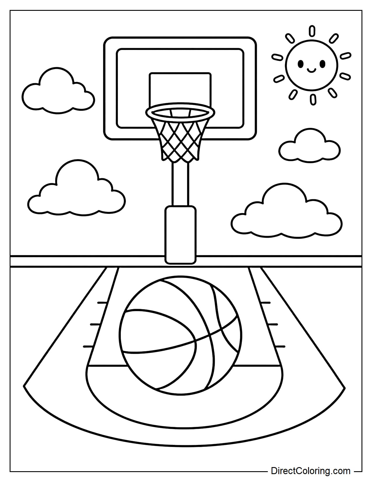 A simple outdoor basketball court with a ball in the middle, a large hoop in front, and cute little clouds and sun in the background.