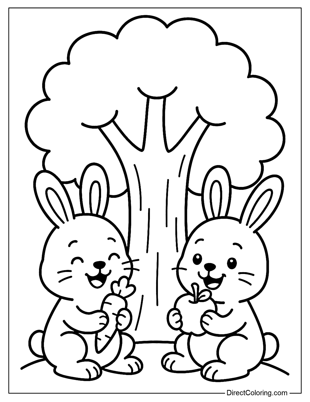 Coloring page of two rabbits sitting under a tree eating carrots and apples, smiling brightly.