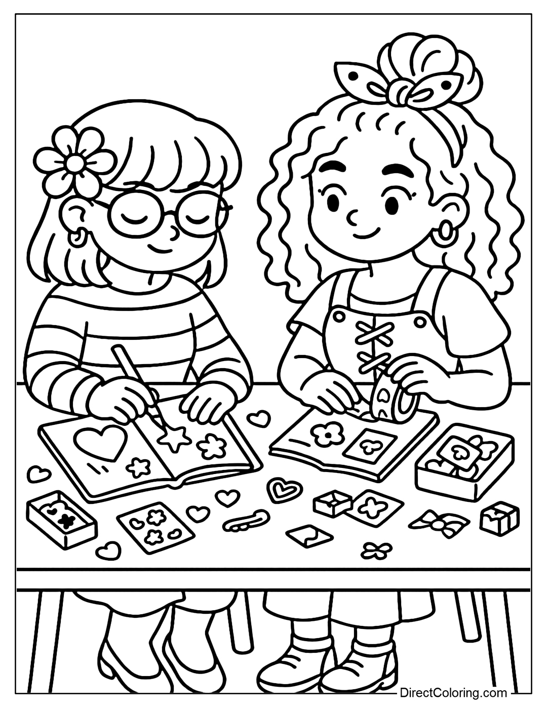 Coloring Page Two girls decorating their notebooks, desks with stickers, washi tape and heart clips.