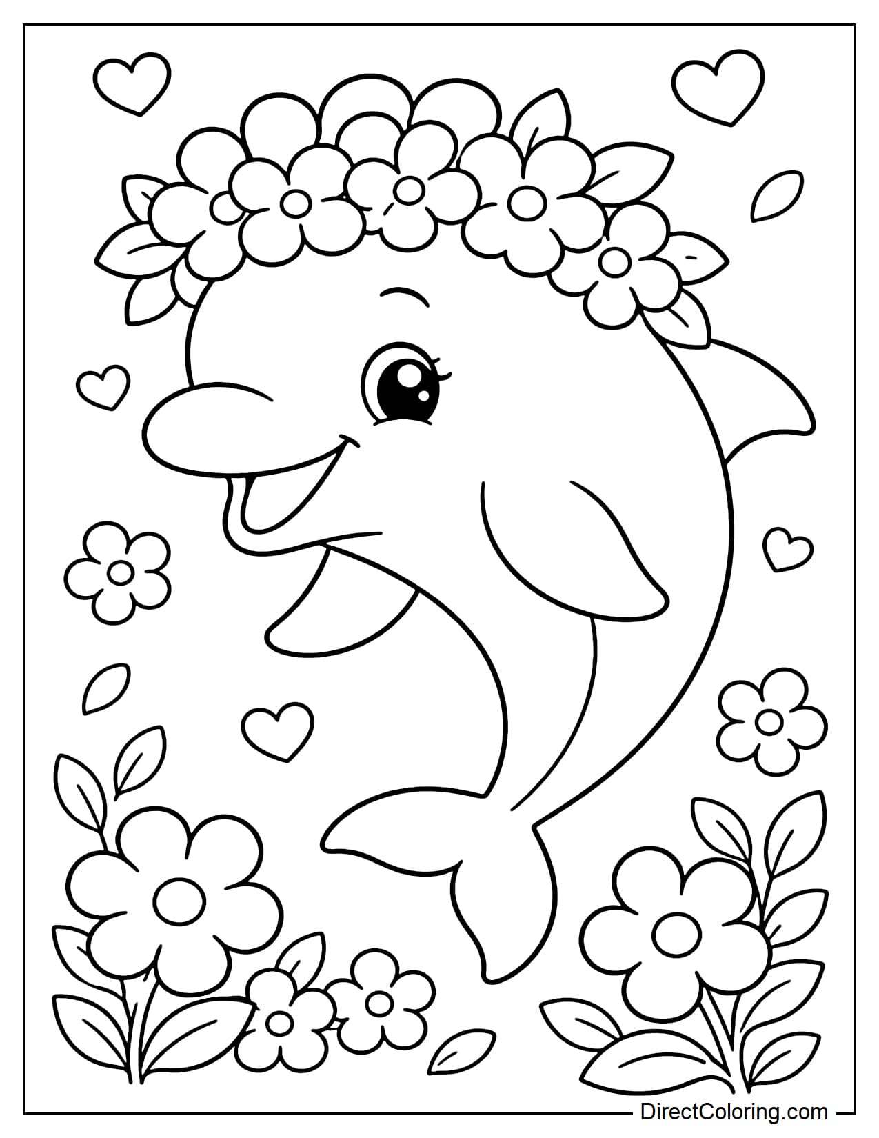 A cute dolphin is wearing a large flower crown on its head with simple, round-petaled flowers.