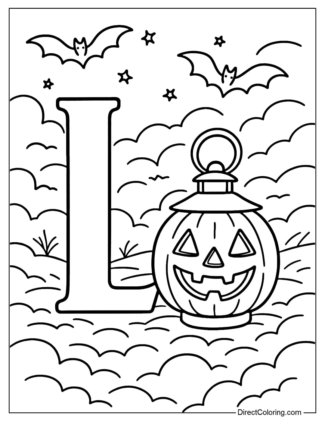 Letter L coloring page with a pumpkin lantern shining in the mist, small bats flying around.