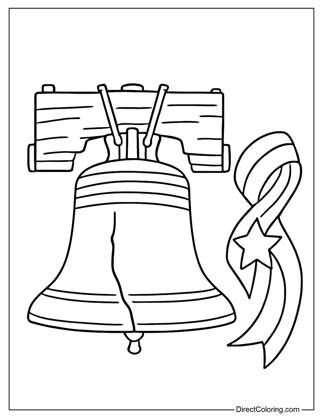 A coloring page of the Liberty Bell in the middle of the page, with a ribbon of stars next to it.