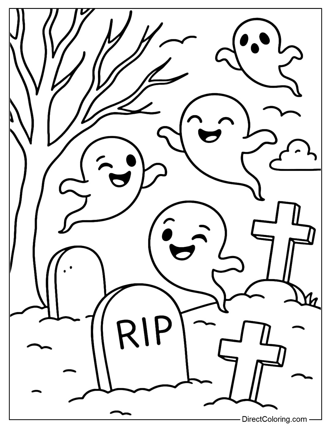 A coloring page of several ghosts teasing each other in a cemetery with tombstones and dead trees.