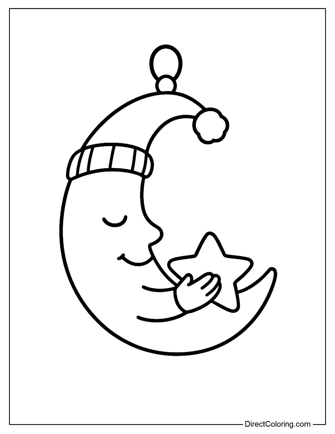 A crescent moon sleeping with a small star on its head, wearing a beanie and a small pompom on its head.