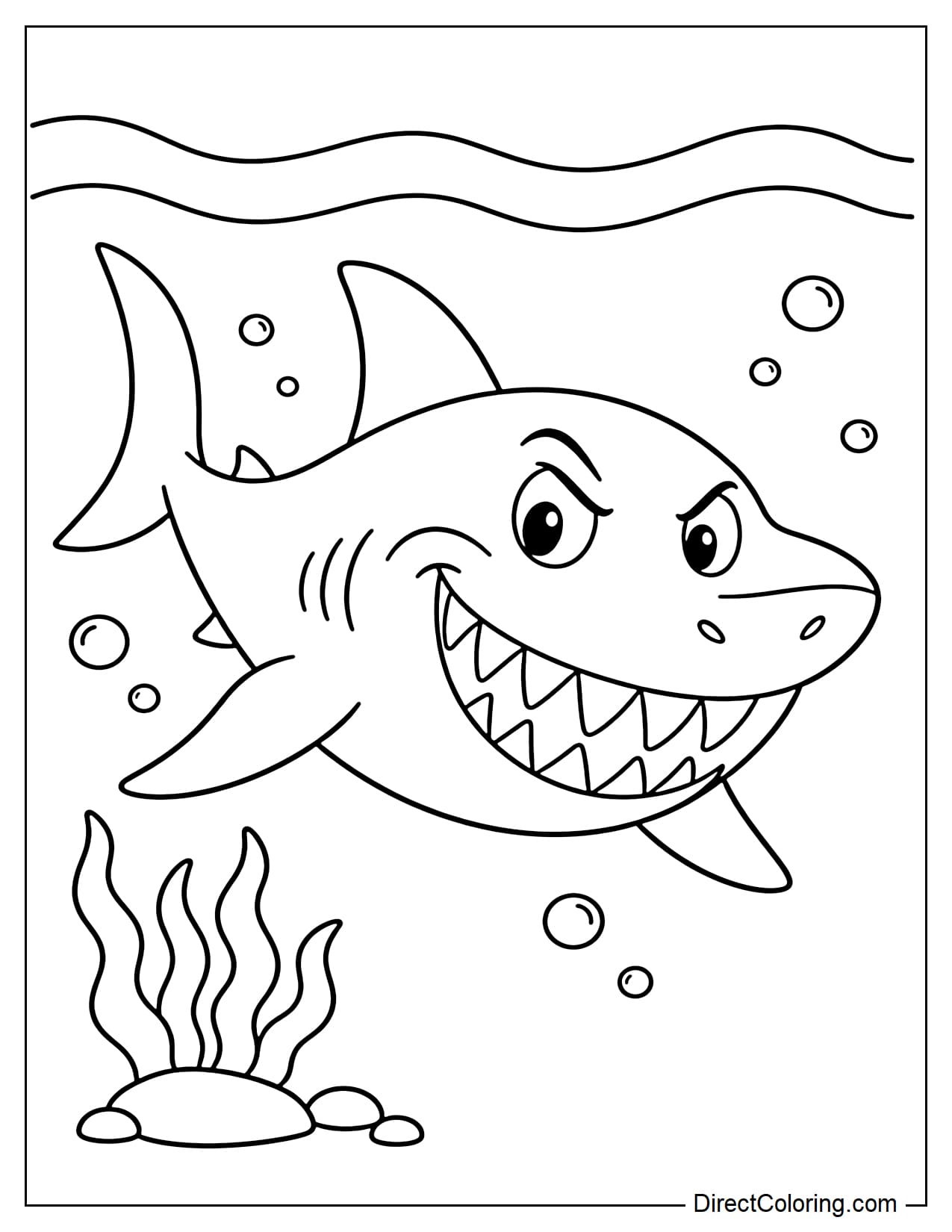 A shark with a slightly scary expression, a big grin revealing its triangular teeth, mischievous eyes, surrounded by bubbles, a small clump of seaweed, and waves.